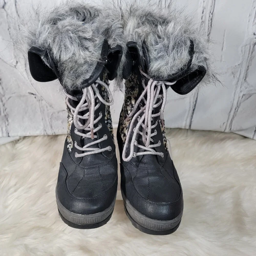 Justice Womens Sz 9 Sequin Snow Boots Faux Fur Vegan Winter Black Casual‎